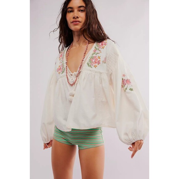 Free People Tops - Free People Lucia Blouse Top Floral Embroidered Cotton Balloon Sleeve S 283596